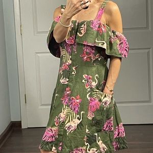 MNG Casual for Mango Linen Blend Pelican Print Cold Shoulder Dress size 6